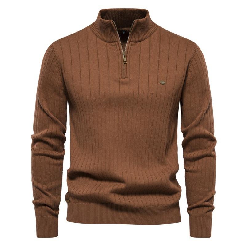 Men's Quarter Zip Up Sweater Cable Knit Sweater Mock Neck Polo Sweater for Men Warm Soft Casual Pullover Sweater with Ribbing Edge for Fall Winter