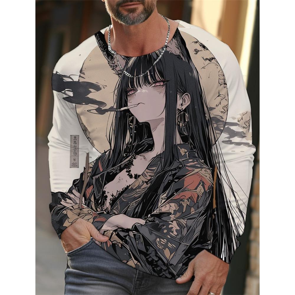 new men's long-sleeved T-shirt 3D printing HD anime tattoo beauty printing men's autumn tops casual round neck home clothes
