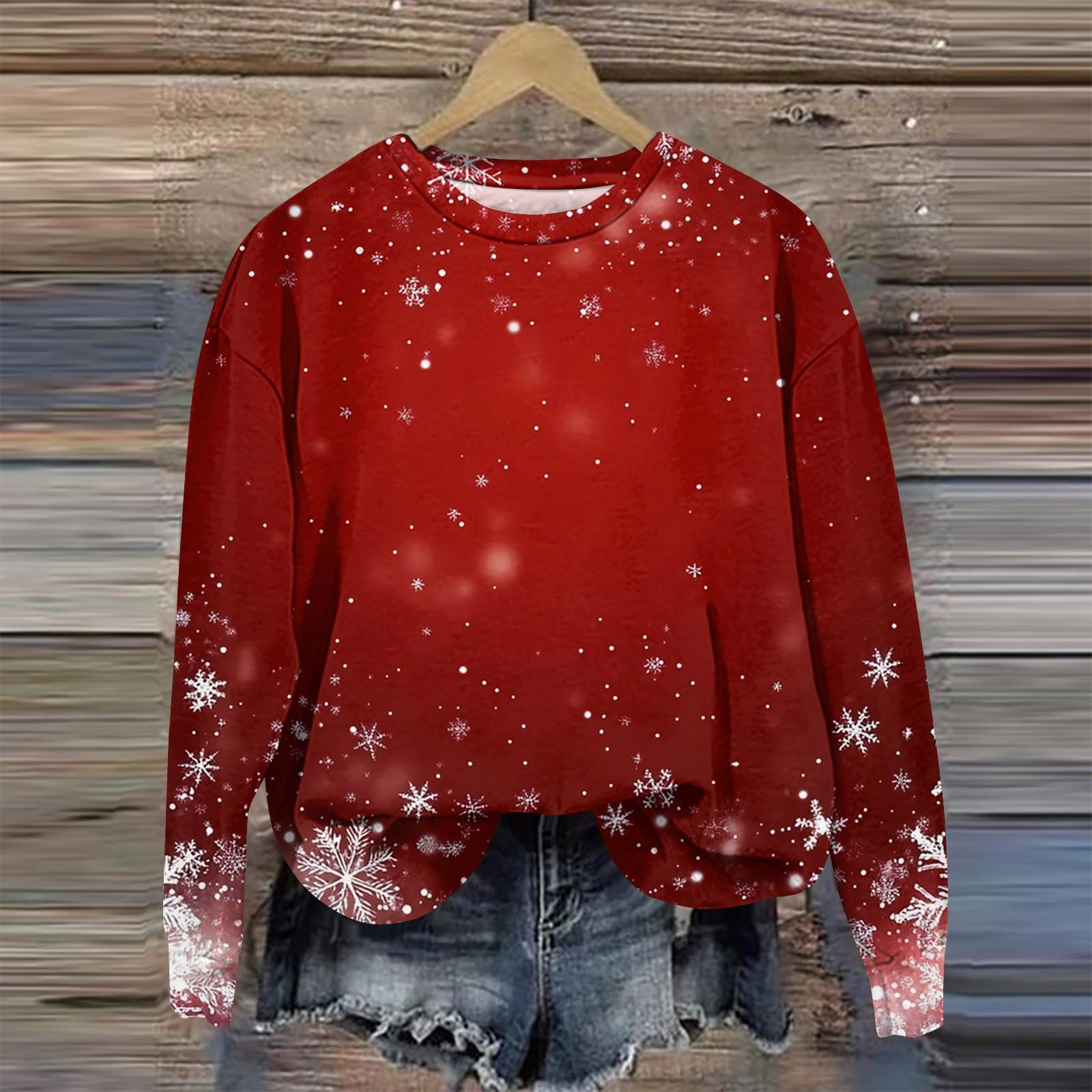 

Женская мода круглый вырез пуловер длинный рукав футболка рождественский принт топ XXXL винный