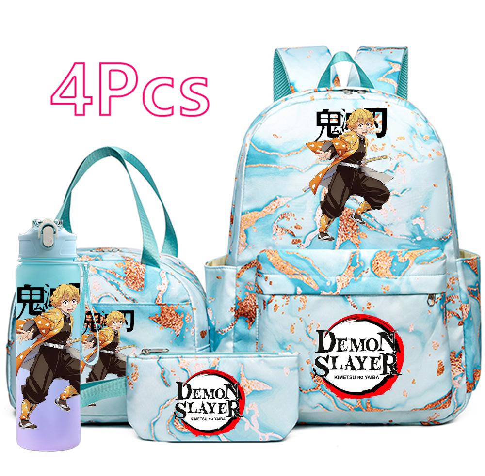 4-teiliges Set mit aufgedrucktem Demon Slayer-Cartoon-Rucksack, Handtasche, Federmäppchen und 750-ml-Trinkflasche für Teenager (Jungen und Mädchen) – große Kapazität, wasserdichter Schulrucksack