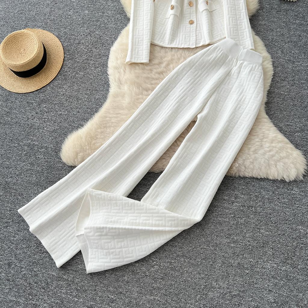 Herbst Winter Damen Vintage Designer Strickpullover Hose Zweiteiliges Set Blazerkragen Jacke Mantel und Weitbeinige Hose Trainingsanzug