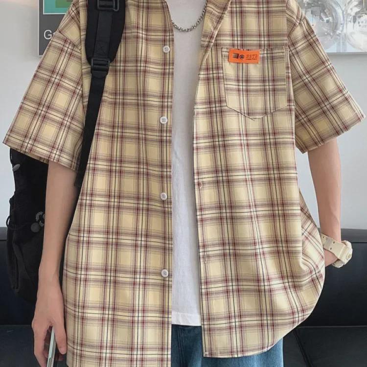 Herrskjorta Retro Gul Rutig Smal Passform Kortärmad - College Stil, Japansk-inspirerad