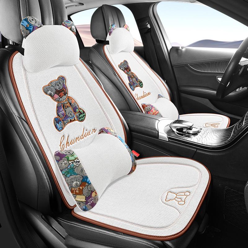 Four Seasons Universal Linen Car Seat Cushion - Cartoon Bear, Breathable, Half-Wrap Rear Seat Cover