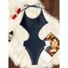 New Splicing Halter Cut Out One Piece Swimsuit Women Swimwear Female High Leg Cut Monokini Padded Bather Bathing Suit Swim V7087