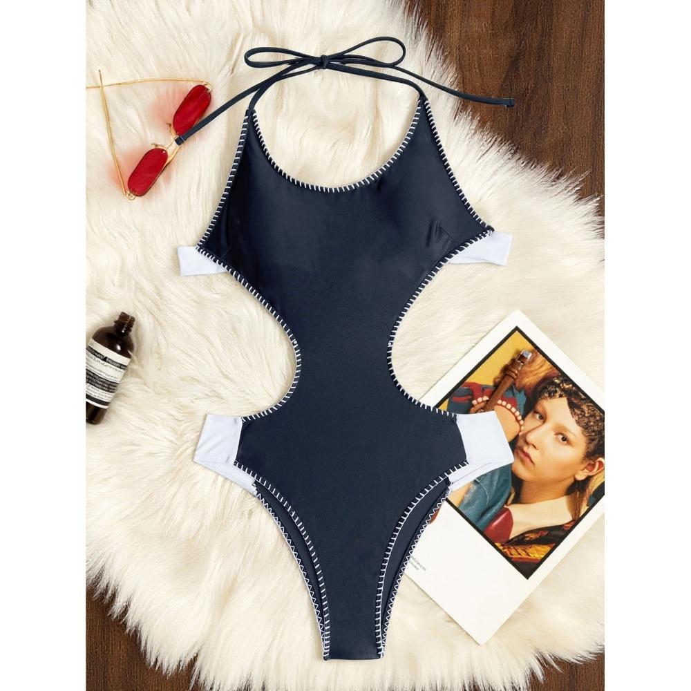 New Splicing Halter Cut Out One Piece Swimsuit Women Swimwear Female High Leg Cut Monokini Padded Bather Bathing Suit Swim V7087
