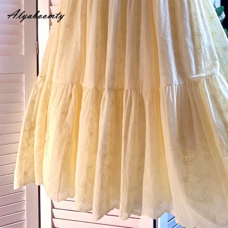 Japanese Mori Girl Spring Summer Women Sweet Skirt High Waist Light Yellow Embroidery Floral Skirt Soft Cotton Elegant Ladies' Skirt