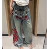 Damskie jeansy z prostą nogawką, luźny krój, vintage, haftowany wzór, średni stan, casualowe, bawełniane spodnie jeansowe