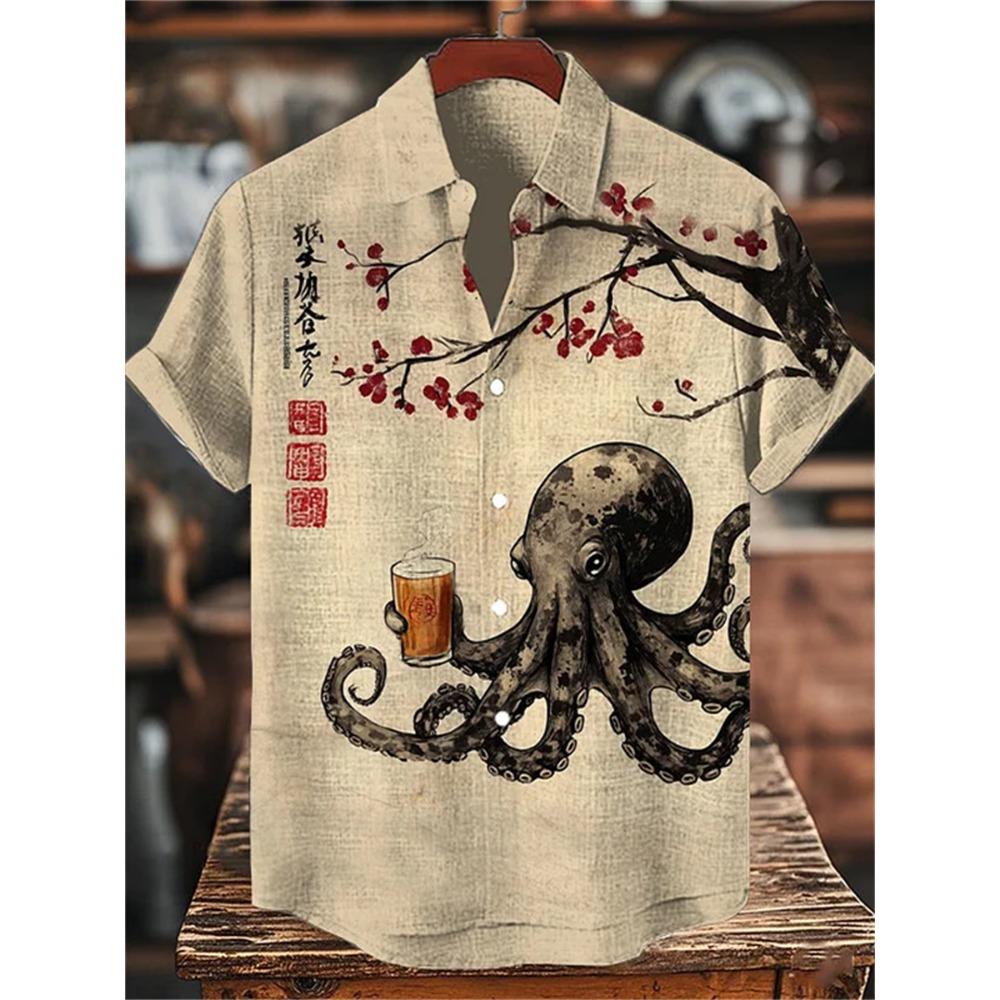 Men's Summer Fashion Printed Short-Sleeve Shirt, Casual Retro Men's Trendy Lapel Casual Top, Hawaiian Shirt
