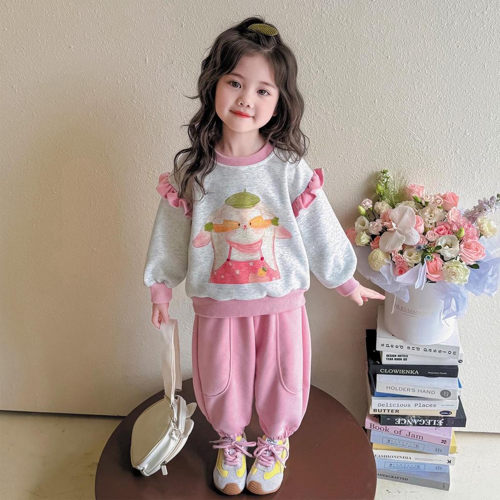 Girls' Sweet Cartoon Sweatshirt Set - Spring/Autumn Fashion Two-Piece Casual Outfit.