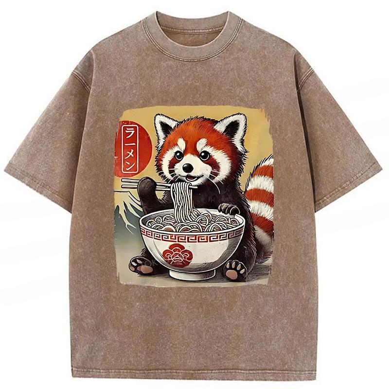 Harajuku Summer Fashion Tees Vintage Cute Raccoon Eating Ramen Funny Japanese Washed T-Shirt Holiday Short Sleeve Tops