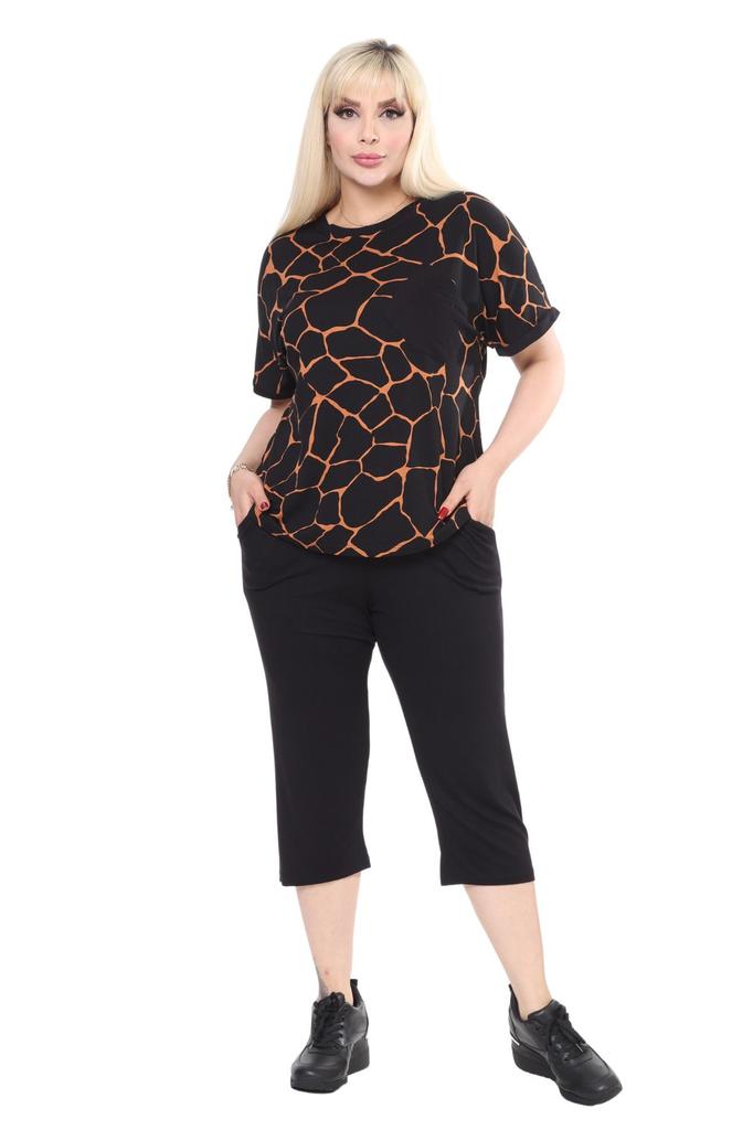 Damenstil Große Größe Unter-Ober Team Große Größe Schwarzes Steinmuster Kurzarmtasche Capri Anzug