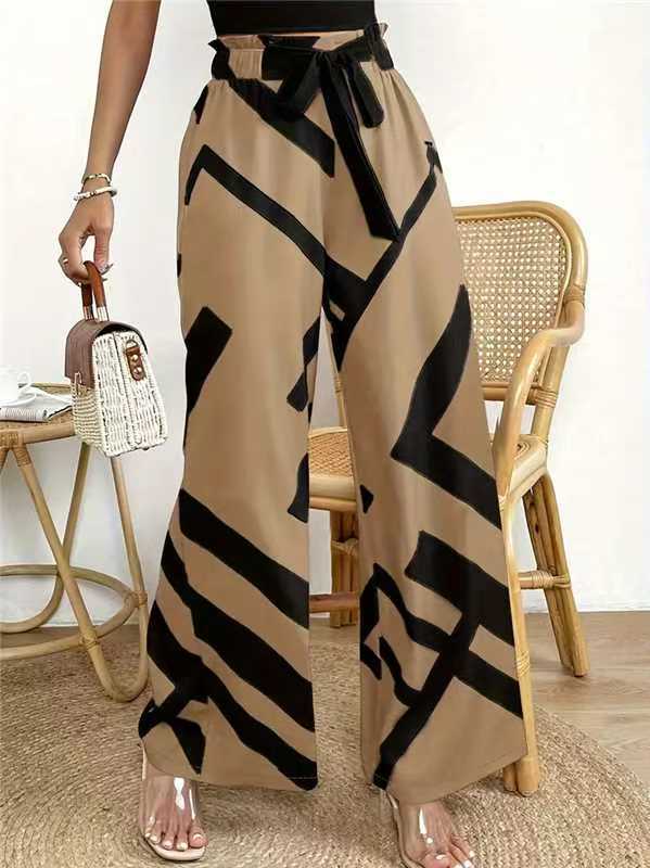

women s Geometric Printed Elastic High Waist Tie Knot Wide Leg Pants Casual Trousers 2XL
