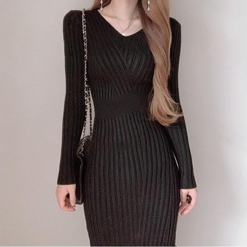 Elegant V-Neck Long Sleeve Knit Midi Dress High Waist Bodycon Fit Women 2026