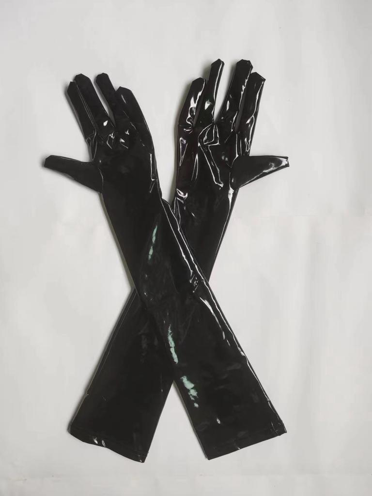 New Women Shiny Faux Leather Unisex Black Long Gloves Men Latex Fetish Patent Leather Full Fingers Elbow Glove Cosplay Accessory