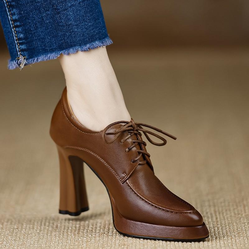 

British style waterproof table small high heels women s spring and autumn new pointed thick heel thick sole lace-up deep mouth single shoes women 39 коричневий