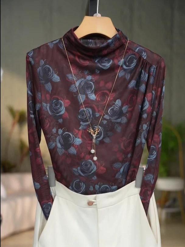 Women's Autumn/Winter High Collar Long Sleeve Printed Shirt - Casual Style