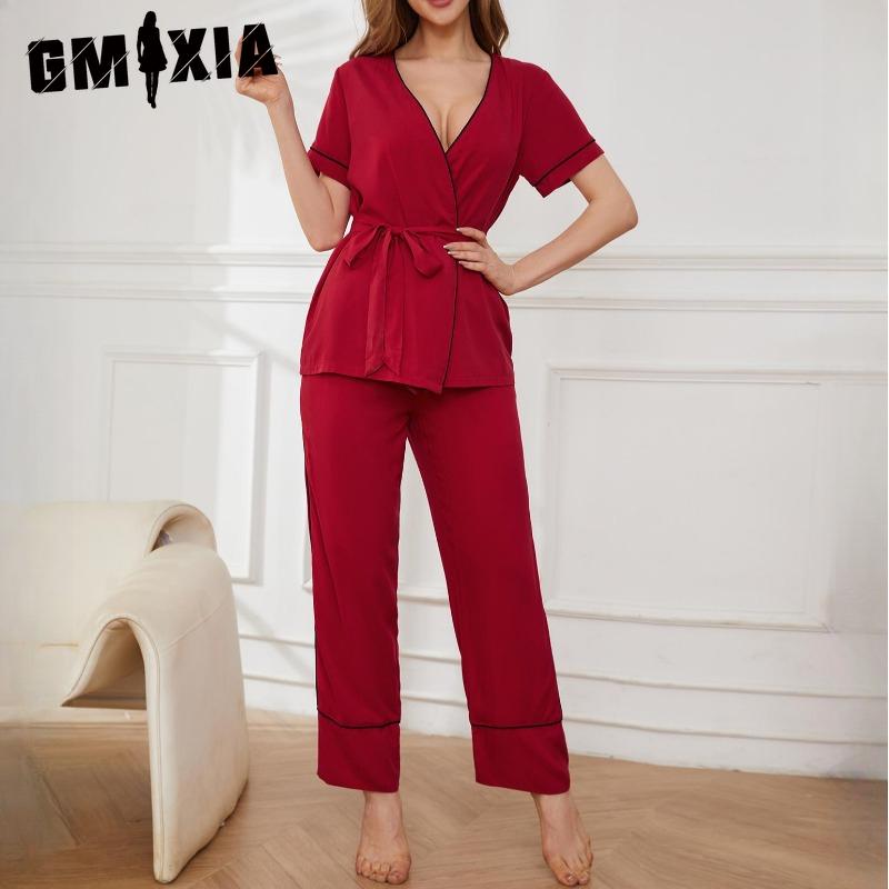 

GMXIA Женская пижама весна-лето открытая с коротким рукавом на шнуровке халат домашняя одежда из двух частей S красный