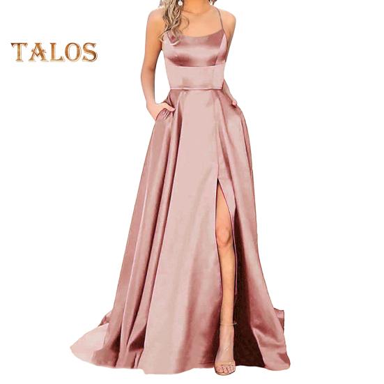Abendkleid Spaghettiträger Hoher Schlitz Schulterfrei Rückenfrei Ärmellos Seitentaschen A-Linie Bodenlang Satin Reine Farbe Abschlussball Bankett Party Maxi