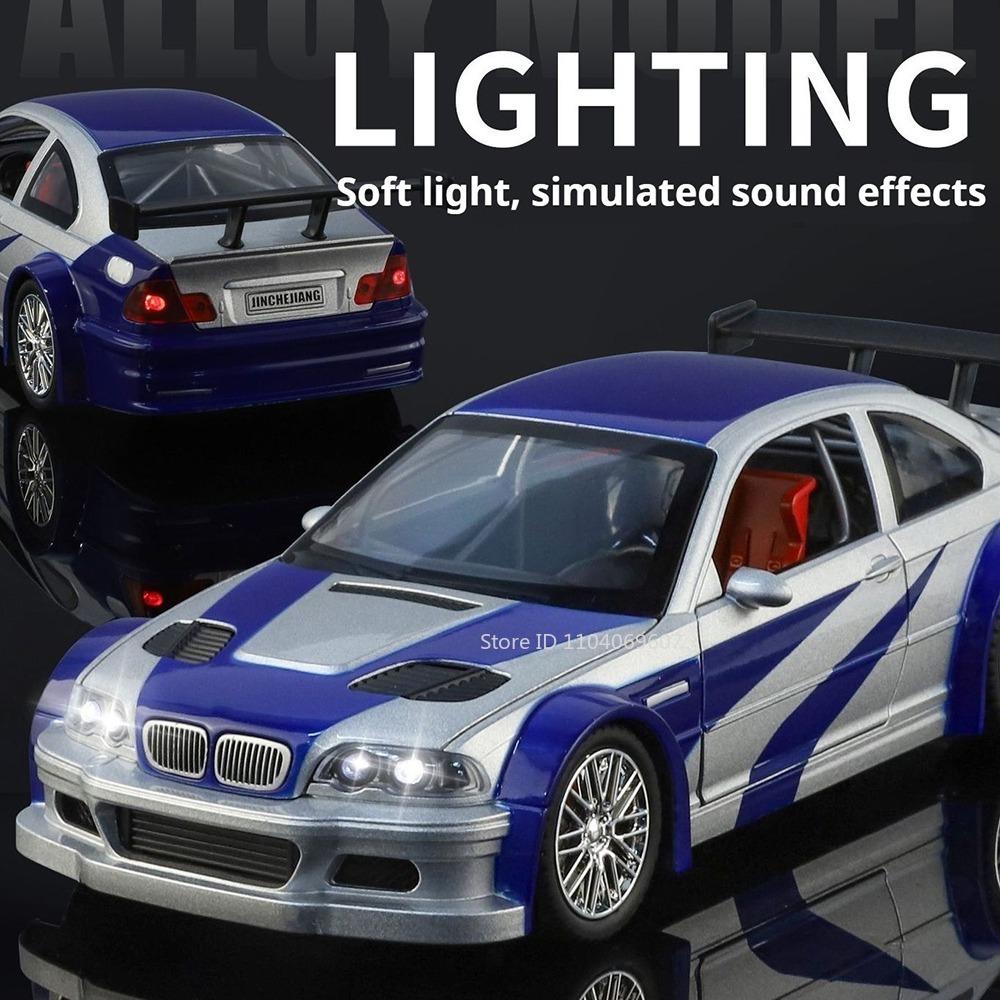 1:24 M3 GTR E46 Model Racing Car Toys Alloy Diecast Sound Light Doors Opened Shock Absorption Pull Back Simulation Supercars