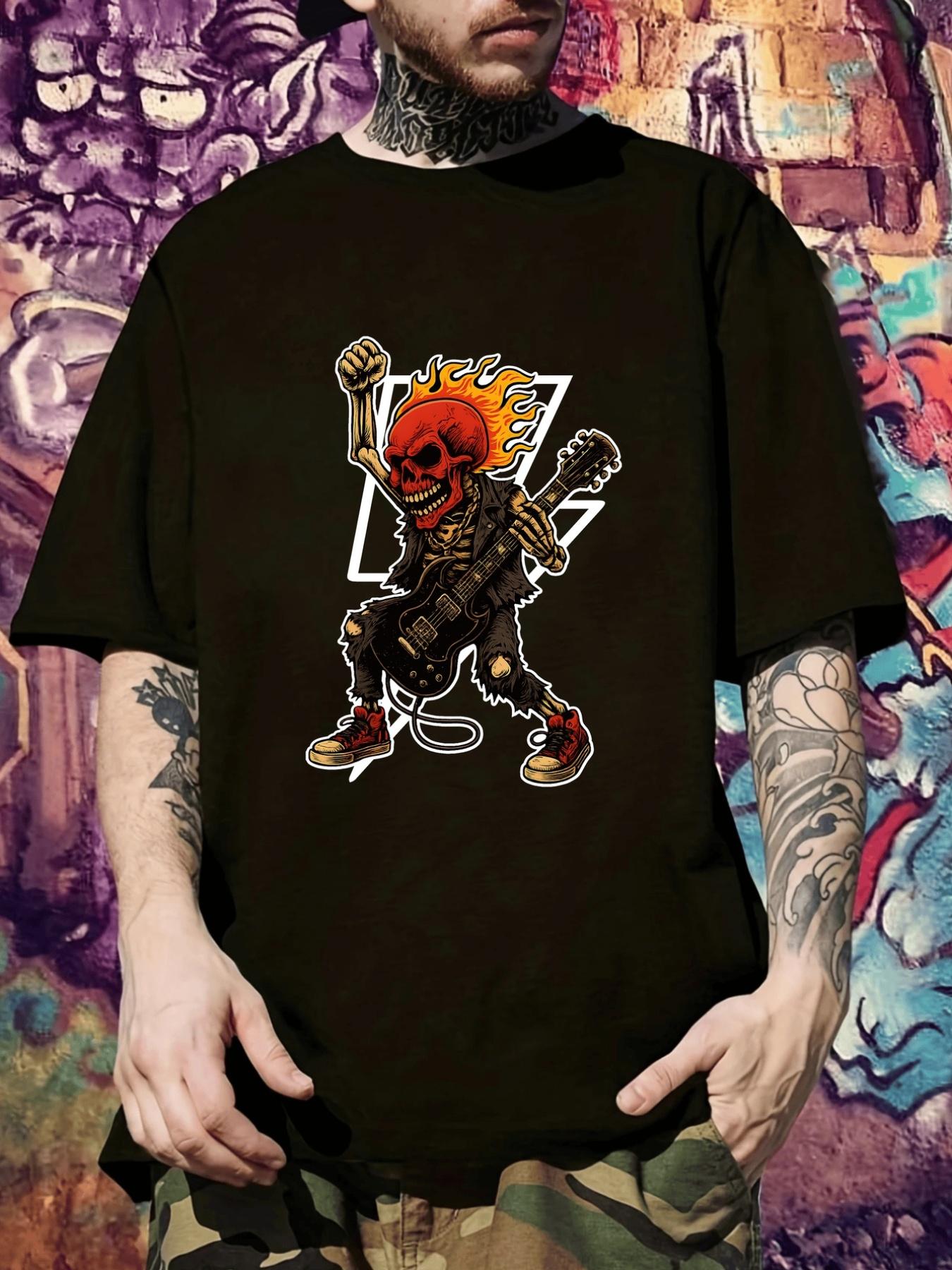 Rock Band Graphic T-shirt - Black Heavyweight Tee with Red Hair Guitarist S