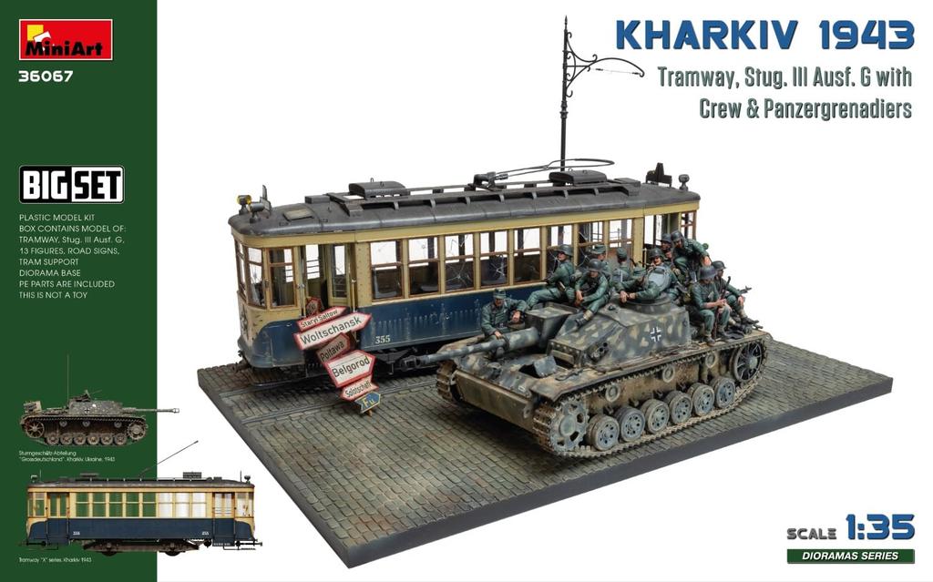 Miniart 1/35 Scale Kharkov 1943 Tram & Stug III Ausf. G with Crew Big Set Plastic Model Kit MA36067 (Scenery)