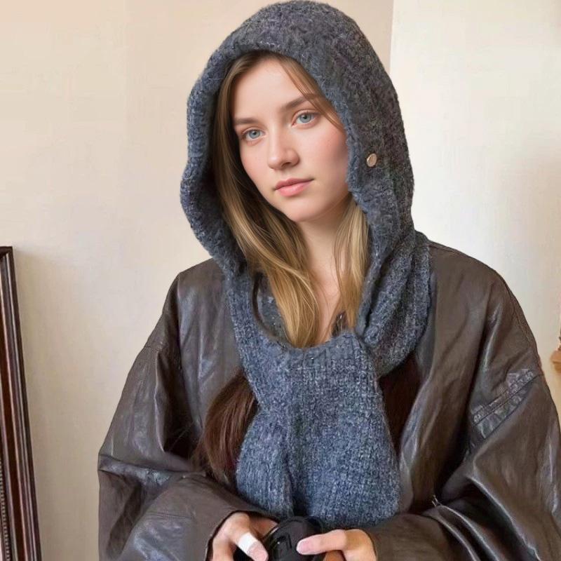 1Pc Solid Color Thicken Hat Cold Protection Integrated Keep Warm Shawl Buckled Knit