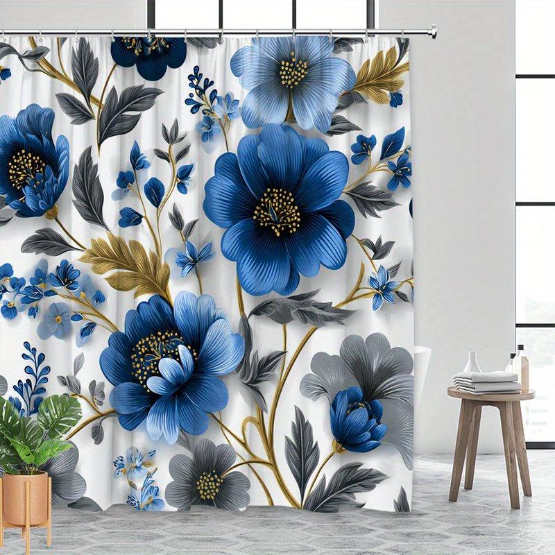 1 Piece Blue Floral And Gray Leaf Shower Curtain, Polyester Fabric, Machine Washable, Suitable For Bathroom Decoration