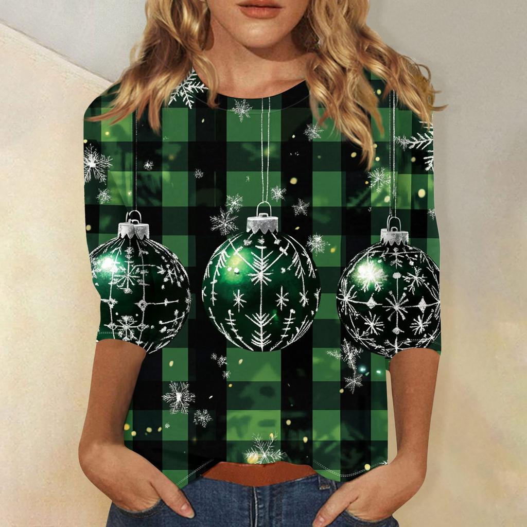 Γυναικείο Καθημερινό Τοπ T-shirt Πουλόβερ με Στρογγυλή Λαιμόκοψη και Μανίκια Τρία Τέταρτα με Χριστουγεννιάτικη Εκτύπωση Νιφάδας Χιονιού