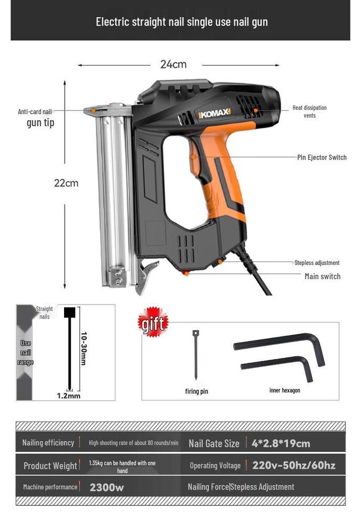 Comax Pneumatic 2-in-1 Electric Nail Gun - Straight & Brad Nailer for Woodworking and Steel Nails.