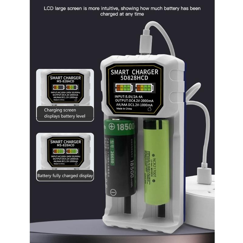 Double Slot USB C Battery Charging Universal For 2A 3A 14500 18650 21700 26650 Batteries With Intelligent Recognition