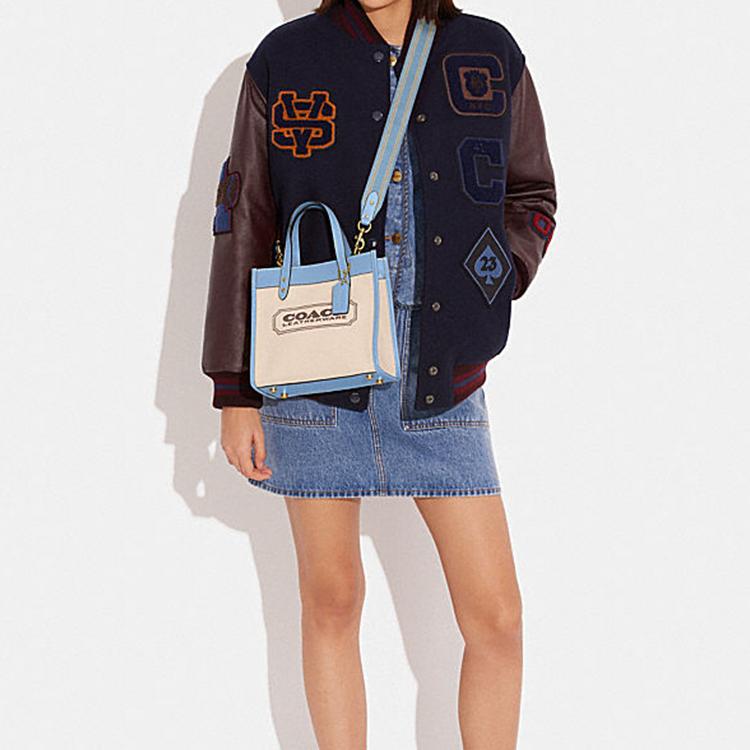 Coach Field 22 Logo Badge Quilted Snap Fabric And Leather Tote Bag Women Tote Bags Khaki Blue CH740-B4VPK