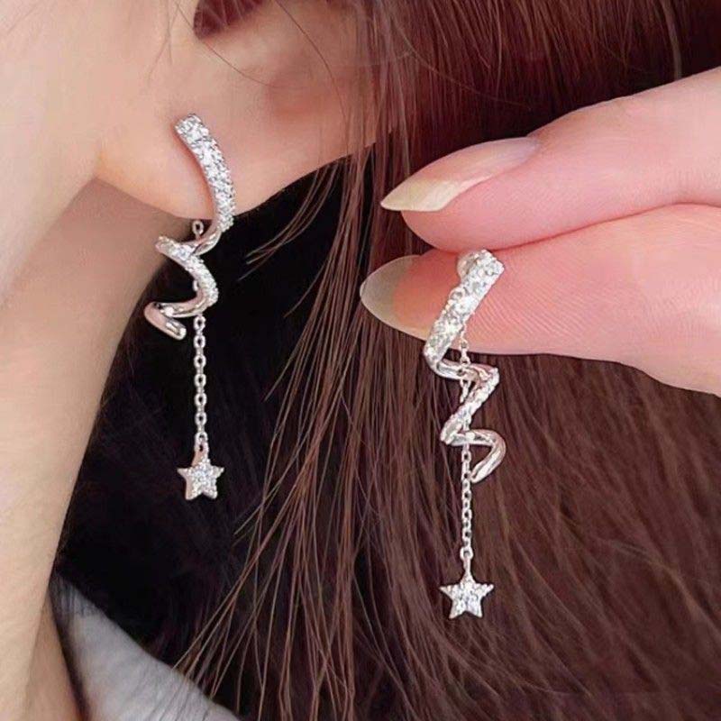 

Luxury Crystal Zircon Star Tassel Dangle Earrings for Women Fashion Metal Long Irregular Spiral Chain Earrings Party Zircon медный