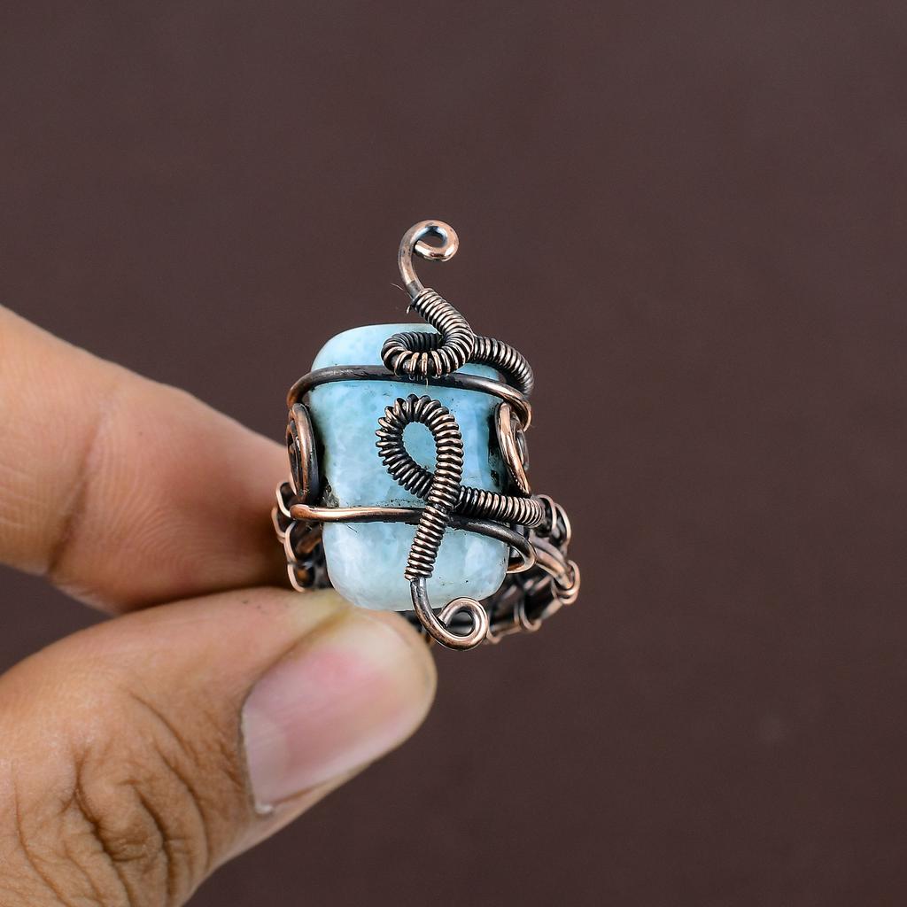 Natural Larimar Gemstone Handmade Copper Wire Wrap Gift Ring Size 8 P8h36