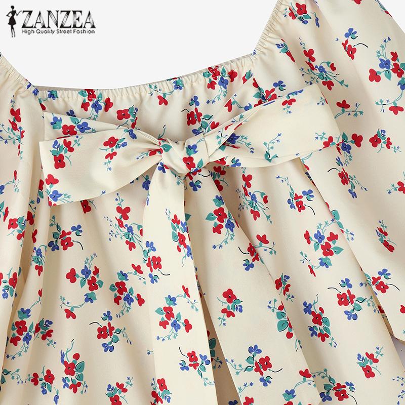 ZANZEA Women Square Neck Bubble Short Sleeve Floral Print Blouses