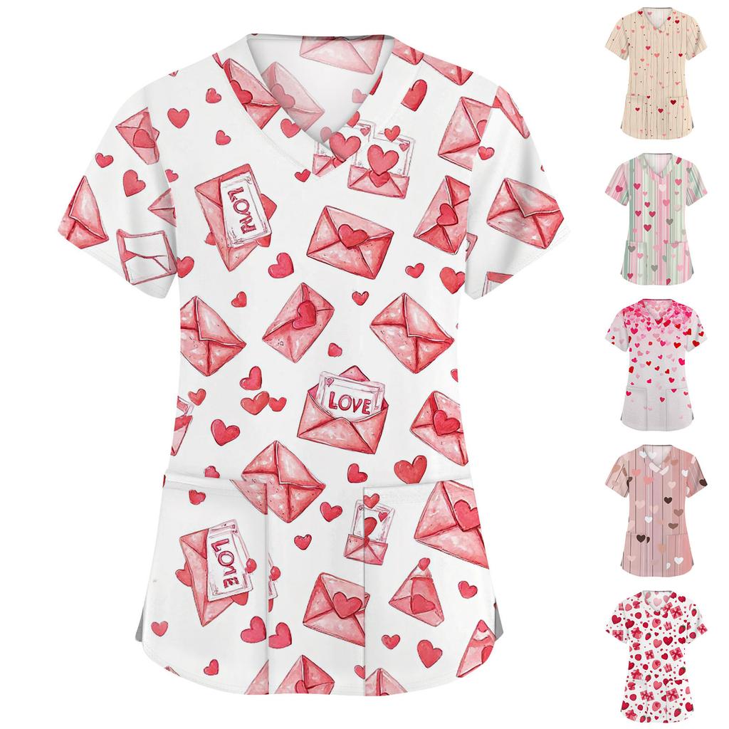 Moda feminina com decote em V manga curta workwear com bolsos estampados tops