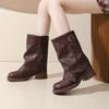 Retro Western Cowboy Boots Women's Spring and Autumn New High Heel Pile Boots Skinny Pleated Medium Martin Boots