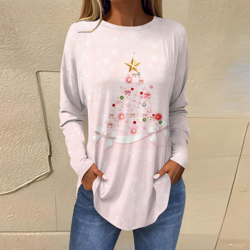 Dames Losse Comfortabele Casual Mode V-Hals Kerstprint Lange Mouw Hoodie