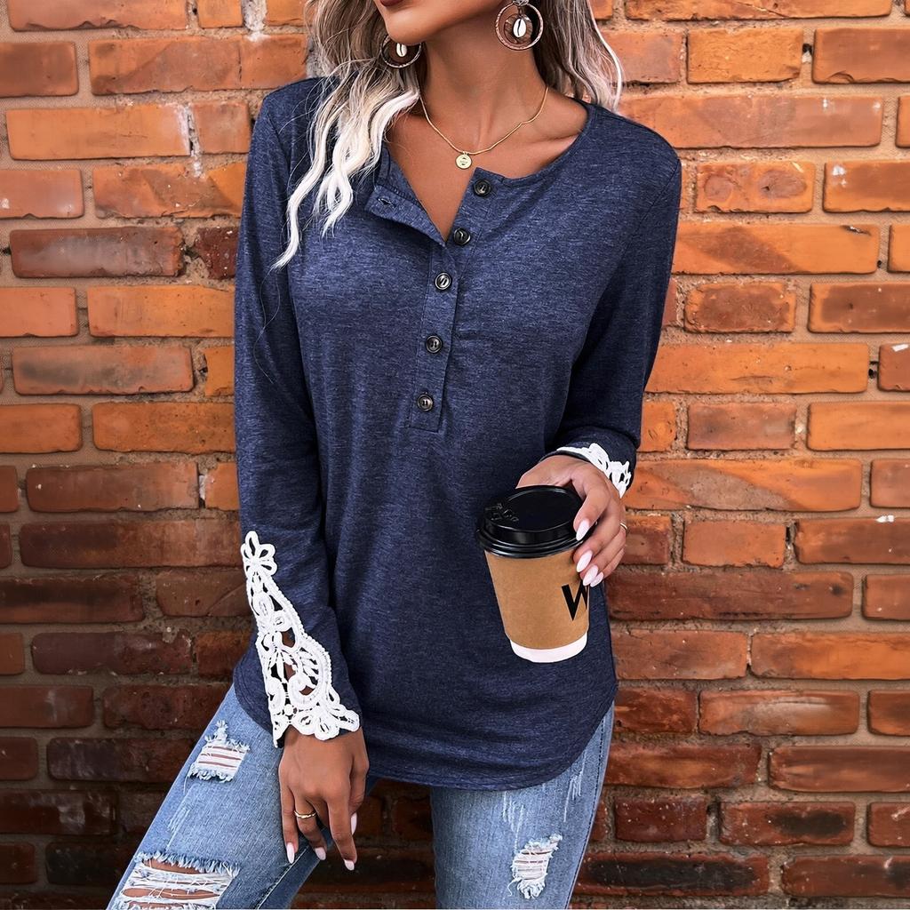 Damen Lässiger Lockere Passform Farbe Langarm Pullover Oberteil mit Rundhalsausschnitt Knopf