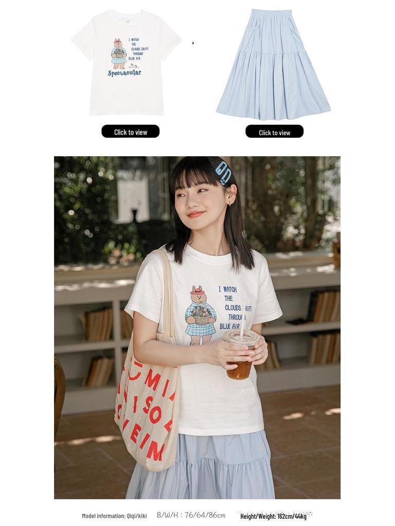 Women's Cute Bear Print Japanese Style Cotton Tee - Short Sleeves, Straight Shoulders, Youthful & Trendy Design