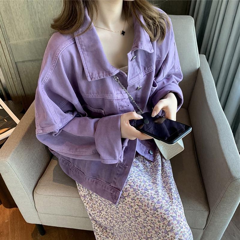 GlowGir Spring Autumn New Style SensibilityNiche Loose-Fit Denim Jacket Cropped Purple Women's Trendy Short Outerwear