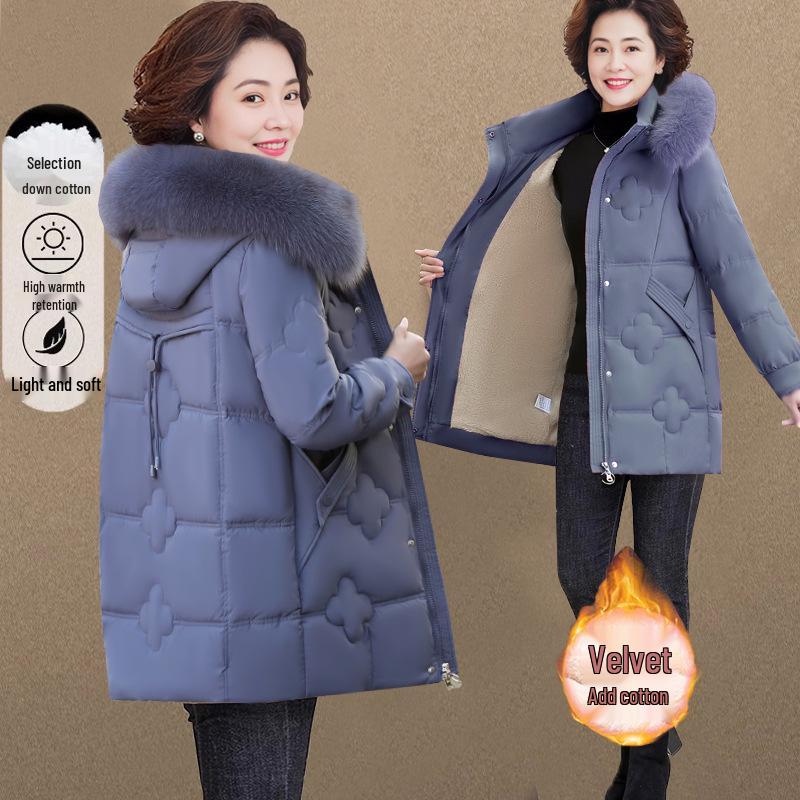 Mom's Mid-Length Fleece-Lined Down Cotton Coat - Petite, Middle-Aged & Elderly Women's Winter Jacket