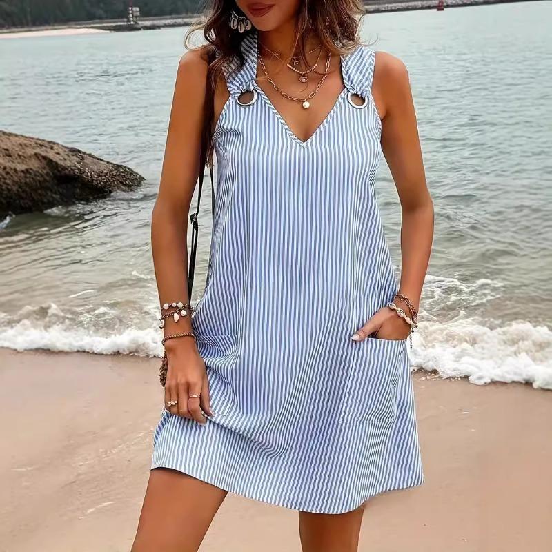 

Летние платья Женская мода Полосатый карман V-образный вырез Без рукавов Большой размер Женское платье XXXXXL небесно-голубой