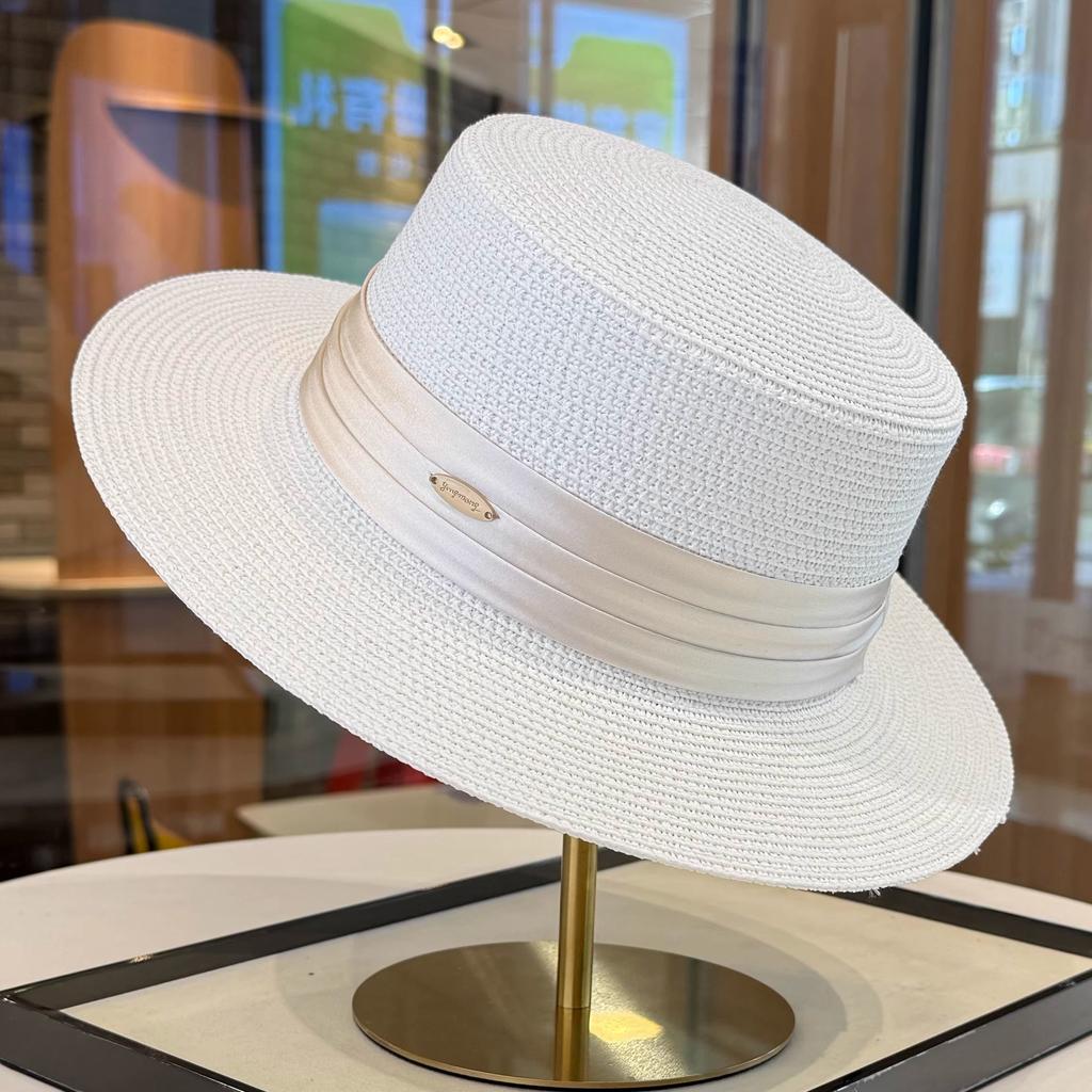 Celebrity Style Flat Top Straw Hat Women's Spring and Summer New Flat Top Top Hat Elegant Satin Temperament Straw Sun Hat