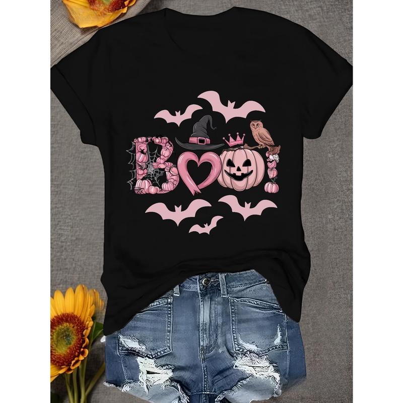 

Spooky - chic unisex T-shirts for Halloween: Adorable BOO! Graphic with Bat and Pumpkin Elements S