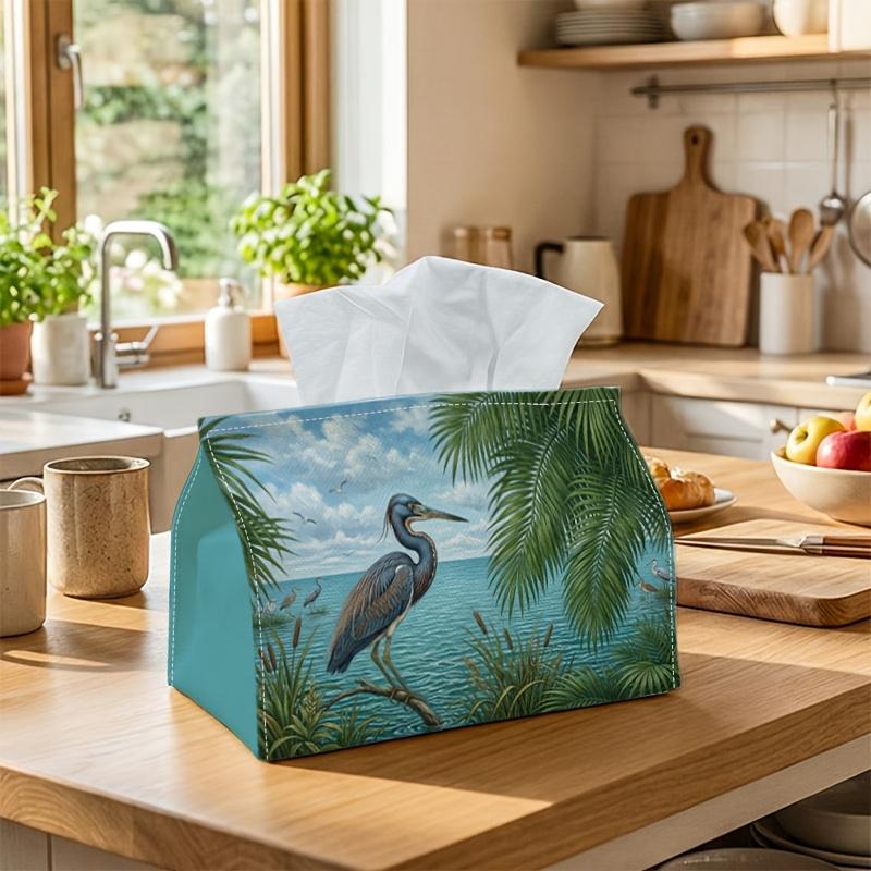 1pc Coastal Blue Heron Tissue Box - Multi-functional Napkin Dispenser, Two Sizes Available Made of Durable Polyester, Decorated with Tropical Palm Tre
