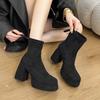 Winter Platform Thick Heels Woman Modern Ankle Boots Round Toe Party Dress Shoes Female Vintage Stretch Slim Short Booties