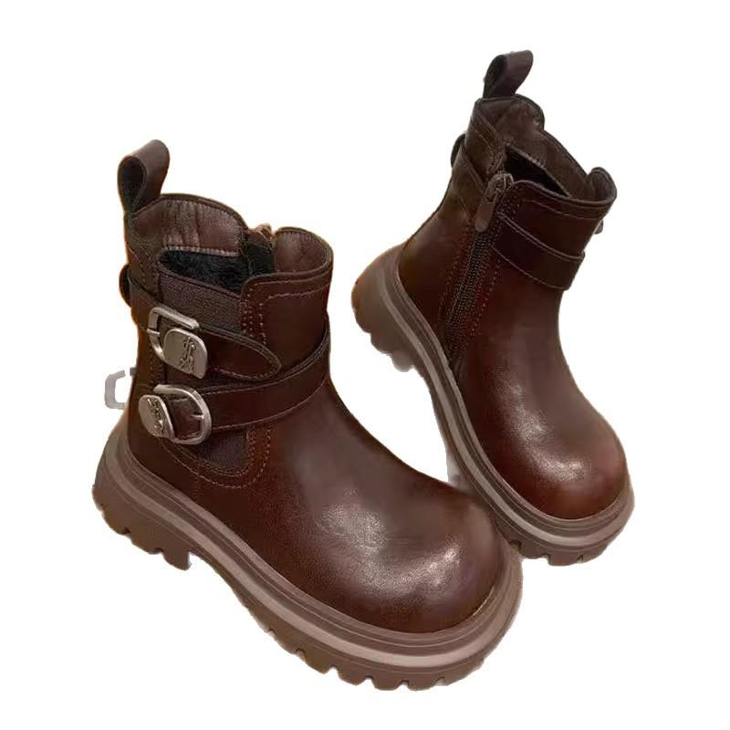 Autumn/Winter Fashionable and Versatile Leather Boots for Girls British Style Fleece-lined Short Boots Non-slip Soft-soled Cotton Boots