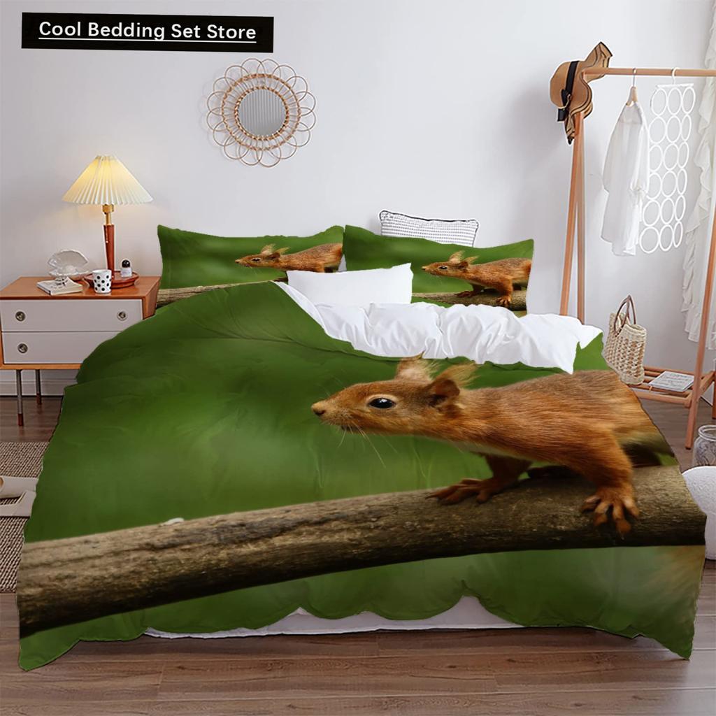 3D Squirrel King Queen Duvet Cover Soft Wildlife Green Leaves Bedding Set for Kids Teens Adults 2 3pcs