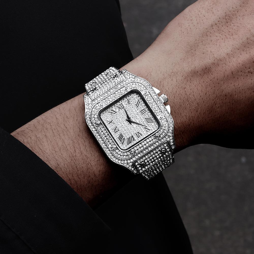 Klassische Luxus Business Herren Stahlband Quadratisch Römische Ziffern Strass Quarz Uhr Lesiure Herren Armbanduhr