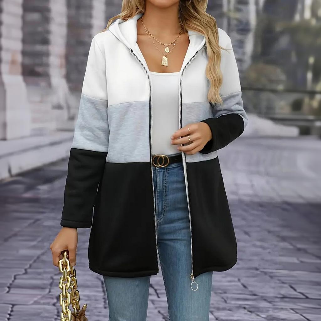 Women Casual Loose Fit Color Block Three Tone Patchwork Hooded Jacket Sweatshirt with Zipper Front and Long Sleeves for Everyday Wear